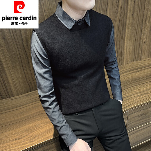 皮尔卡丹（pierre cardin）假两件毛衣男士秋季2025新款秋装上衣男装高级感针织衫外套 深灰色(常规款) XL