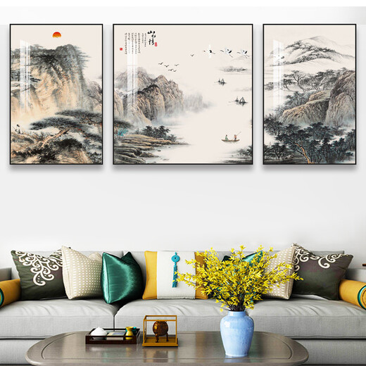 Oufa Living room decoration painting Sofa background wall hanging painting New Chinese style Chinese style landscape calligraphy and painting Landscape painting Restaurant Bedroom Bedside Study Triple Mural Crystal Porcelain Painting A-Flowing Water Makes Money 40*60 in the left and right 60*60/fabric painting