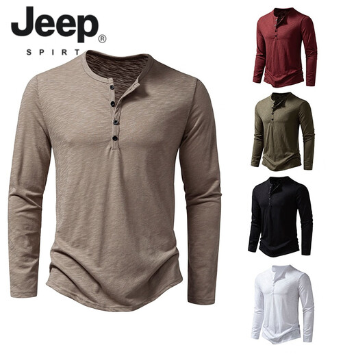 JEEP SPIRIT American retro heavyweight long-sleeved bottoming shirt autumn long-sleeved Henry shirt men's fitness tough guy army green T-shirt long sleeve khaki M