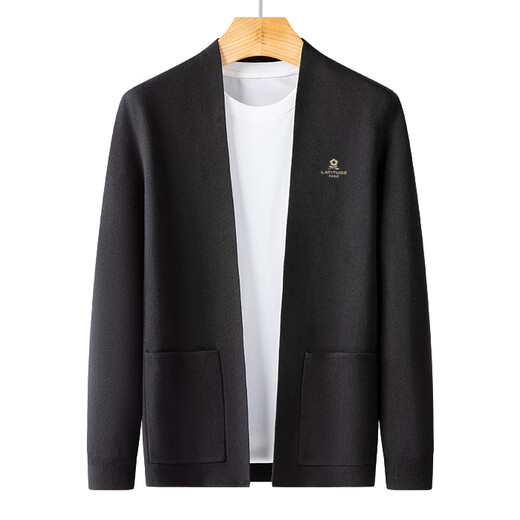 MONTAGUT mulberry silk & wool blend casual embroidered long-sleeved cardigan men's sweater black 50