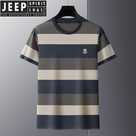 JEEP SPIRIT短袖t恤男夏季新款潮牌纯棉圆领半袖男士时尚休闲条纹T恤潮流男装 6197-牛仔蓝 48