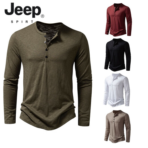 JEEP SPIRIT American retro heavyweight long-sleeved bottoming shirt autumn long-sleeved Henry shirt men's fitness tough guy army green T-shirt long sleeve khaki M
