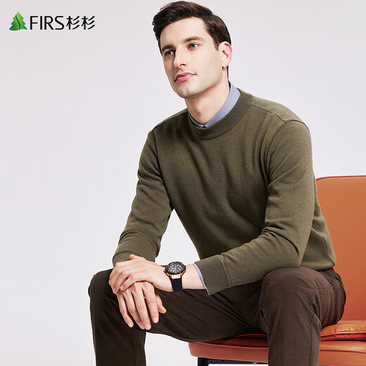 杉杉（FIRS）纯羊毛加绒毛衣男秋冬新款圆领打底休闲保暖厚针织衫677 卡其 3XL (190)