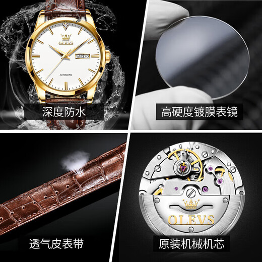 Olevs Schweizer zertifiziertes Markenpaar Uhr Watch Mechanical Watch Vollautomatisch wasserdichte leuchtende Paar Uhr Neujahrsgeschenk für Liebhaber [Collector's Version 6629] Braunes Leder weißes Gesichtspaar