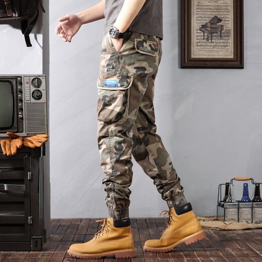 Berühmte Sommer-Tarnung Overalls für Männer losen Krawatten Casual Hosen für Männer Stretch Sport Multi-Tocket Harem Hosen Kamel 28 [90-110jin [Jin gleich 0,5 kg]]]