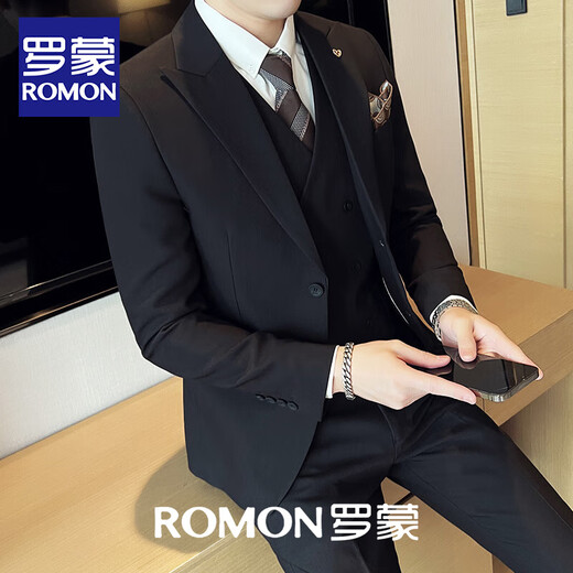 ROMON, light and sophisticated, simple British business suit, men's casual business suit, small suit, solid color coat, groom's wedding dress, trendy gray (suit + vest + pants) M 170