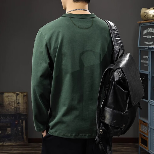 Gu Xiansen Autumn American Retro Henley Collar Men's Long Sleeve T-Shirt Trendy Brand Heavy Cotton T-shirt Loose Casual Bottoming Shirt Black L 120-140Jin Jin is equal to 0.5 kg