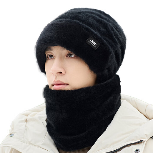 JEEP Jeep pullover hat men's 2025 new winter plus velvet warm ear protection neck and neck scarf suit men's gray hat + neck scarf