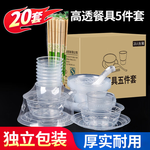 Youao disposable tableware set of 20 sets (bowls, cups, plates, spoons, chopsticks) five-piece set for outdoor barbecue and camping no-wash