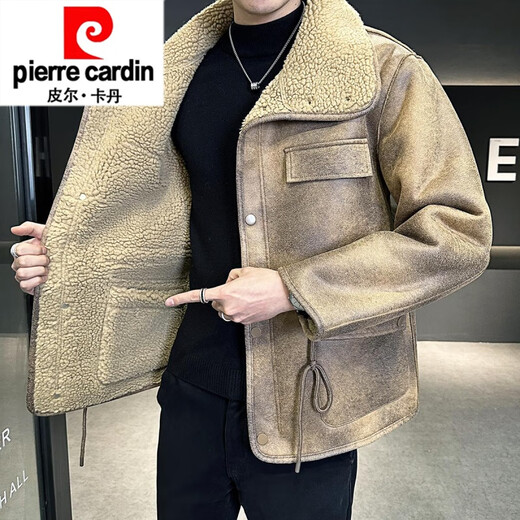 Pierre Cardin (Pierre Cardin) fur one-piece lamb wool jacket for men, velvet, thickened and warm, winter 2025 new fashionable knitted brown M (90-115Jin Jin equals 0.5kg)