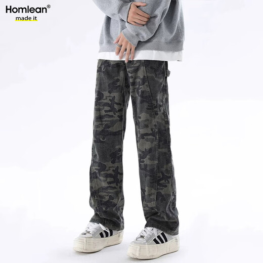 Homlean amouflage jeans jeans jeans Men's Awumn Loose American Mardy Brand Прямые повседневные длинные брюки HS42 Camouflage Black XL