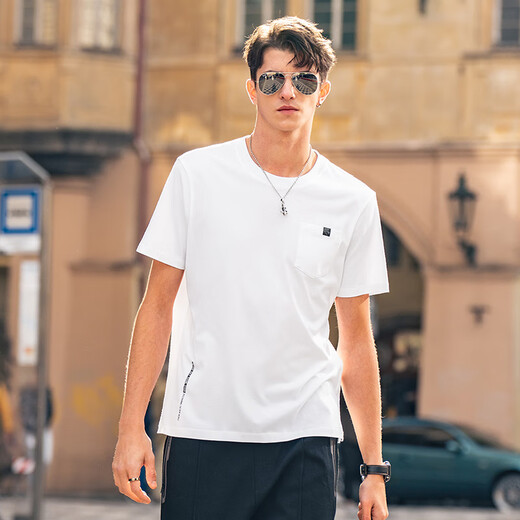 
Mr. Bu Bu simple pocket design pure cotton T-shirt 2025 spring and summer new English printed short-sleeved white TGT15262 Haoyue White M (170)