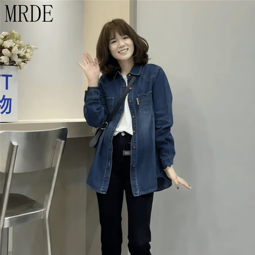 MR.DE Jianyu Moxun Denim Shirt Women's Spring Autumn and Winter Korean Style Loose Blue Versatile Casual Bottoming Shirt Jacket Blue Velvet XL 120-135