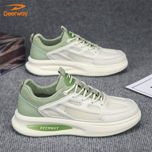 DeerWAY men's shoes men's 2025 summer board shoes men's mesh white shoes fashion casual sports shoes rice light green 42