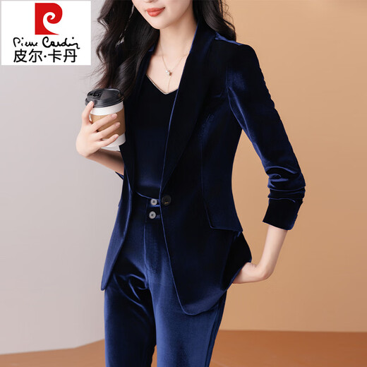 Pierre Cardin high-end gold velvet blazer new style 2025 spring and autumn temperament feminine fashion suit bell-bottom suit blue suit + blue suspenders + pants S