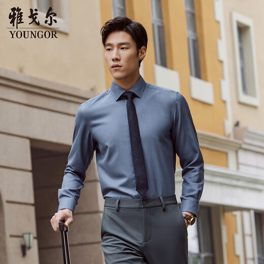 雅戈尔（YOUNGOR）25新款【40%棉羊毛可机洗】商务休闲通勤长袖衬衫男 蓝色素色 40