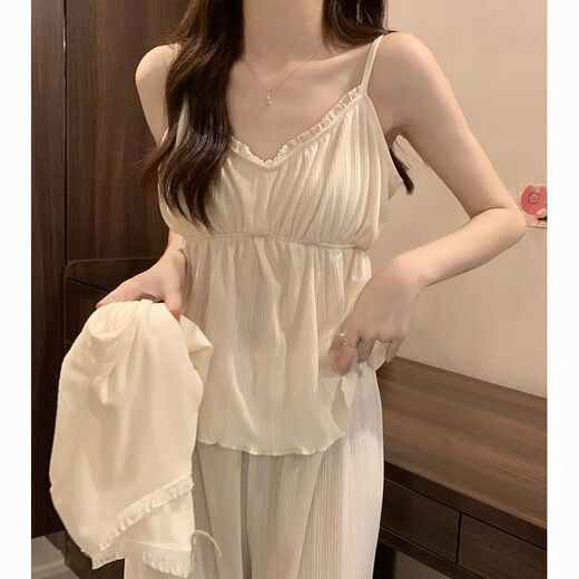 猫人四季款睡衣女纯棉2025年新款纯欲风甜美带胸垫简约蓝色三件套装 三件套 831 杏色 带胸垫可拆 M 建议80-95斤