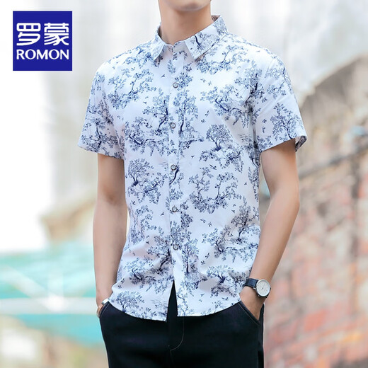 
ROMON summer printed shirt men's short-sleeved floral youth trendy slim Korean version green cotton casual floral shirt thin 9903 red L 110-125Jin [Jin equals 0.5 kg]