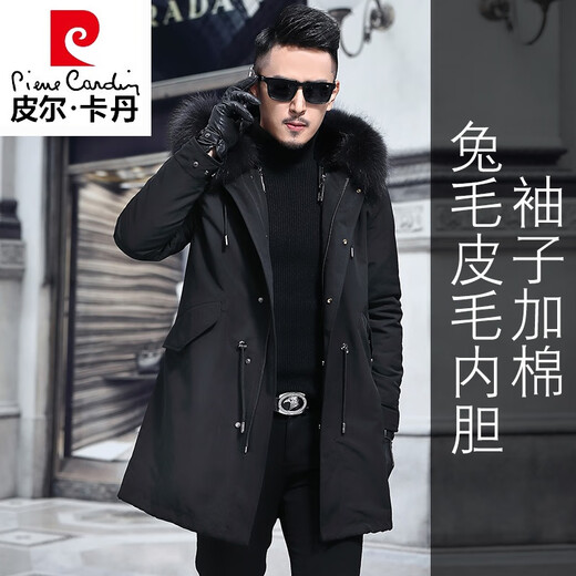 Pierre Cardin parka men's mid-length removable mink lining mink fur coat rabbit fur winter coat black (rabbit fur lining version/sleeves with cotton) L 170/ standard size