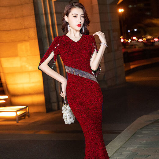 NUKM高端晚礼服女时尚网红新款蓝色长款名媛气质端庄年会鱼尾主持人裙 蓝色【9955】长款140CM XL 120-135