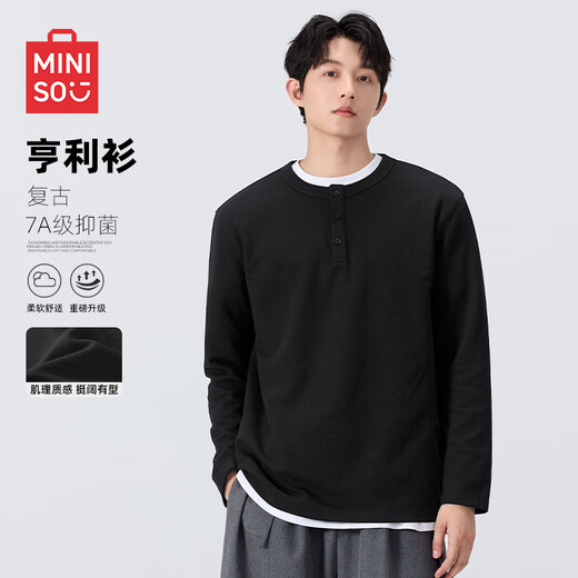 MINISO bottoming shirt men's autumn Japanese style lazy and relaxed long-sleeved antibacterial loose casual henley collar t-shirt black M
