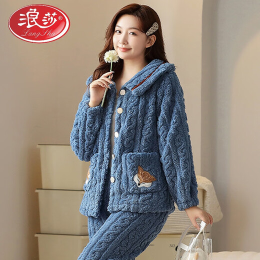 LangSha pajamas for women in autumn and winter coral velvet new style can be worn on the outside, thickened flannel, winter warm home clothing set B683 rabbit head - purple M [75-95Jin [Jin equals 0.5 kg]]