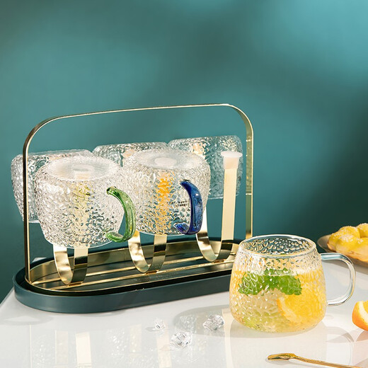 Fuguang glass cold kettle, household heat-resistant high-temperature large-capacity tea kettle, cold boiled water cup, family set, kettle 2200ml + water cups (6 pieces) + shelf + plate