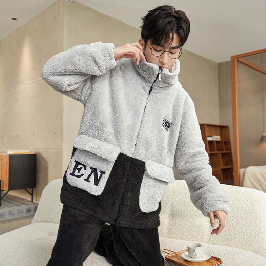 少年情话男士睡衣秋冬季珊瑚绒加厚加绒保暖棉袄青少年学生家居服冬天套装 1349N拼接双色【加厚不掉毛】 男3XL【180-230】