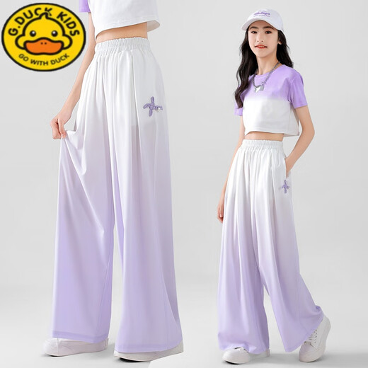 G.DUCKKIDS Little Yellow Duck Girls Set 2024 New Children's Chinese Style Summer Two-Piece Set Medium-Grand Children's Fashionable Quick Dry Clothes 9889 White + 15117 Purple Pants 120 cm