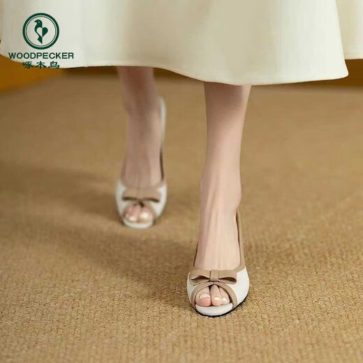 
Woodpecker's new 2025 summer leather thick heel sandals fish mouth open toe fashion non-slip fairy style single shoes for women black 36