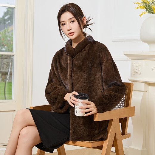 
DONGTIANJIA2025 new imported mink coat for women, whole mink medium-length stand-up collar mink fur fur coat for women, shoulders, brown M 100Jin [Jin equals 0.5 kg] or less