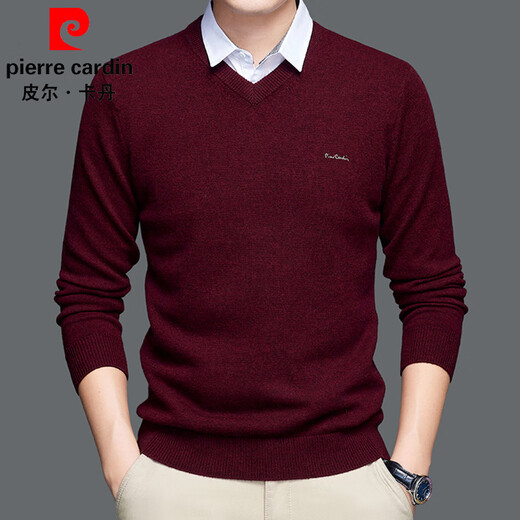 Pierre Cardin cardigan men's 100% wool fake two-piece sweater autumn and winter thick bottoming shirt warm shirt collar sweater for men light khaki M (170)