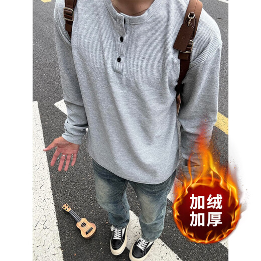 Digada American Henry collar waffle sweatshirt for men in autumn and winter plus velvet inner layering shirt casual long-sleeved T-shirt top CQS-1381 black plus velvet M