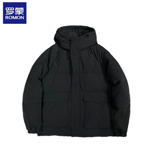 ROMON autumn and winter hooded cotton jacket for men, short, fashionable, loose, casual, solid color, cold-proof, warm and thickened jacket, trendy, black, high quality, XL 135-155Jin Jin is equal to 0.5 kg