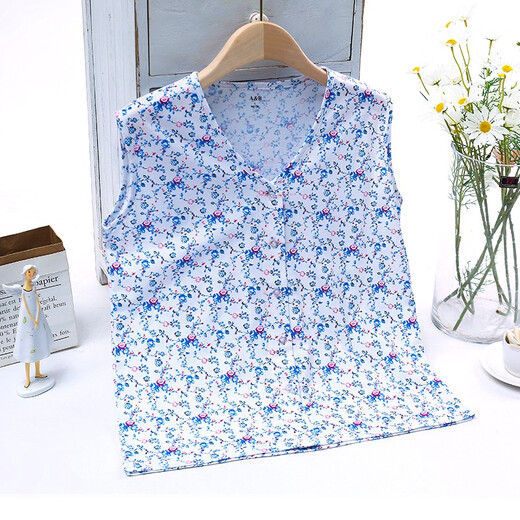 AB underwear women's pure cotton pajamas summer sleeveless sweatshirt middle-aged and elderly mothers printed V-neck cardigan vest T-shirt S724 Blue Lotus XXL (170/100)