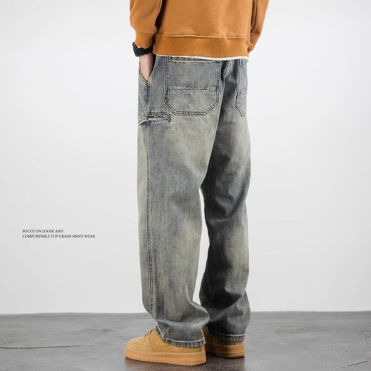 真维斯（Jeanswest）美式休闲黄泥染牛仔裤男直筒宽松潮牌长裤秋季复古垂感阔腿夏季款 77黄泥色 31 130-140斤