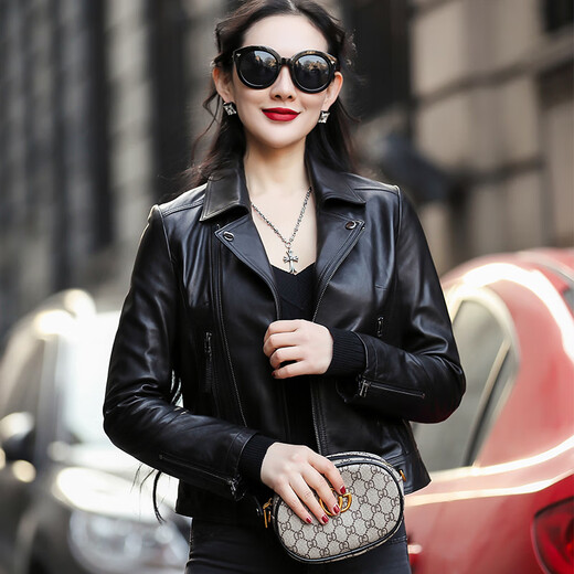 Bo Shilan Haining new spring and autumn genuine leather jacket for women motorcycle sheepskin slim short jacket large size P5197 black L 105-114Jin Jin is equal to 0.5 kg