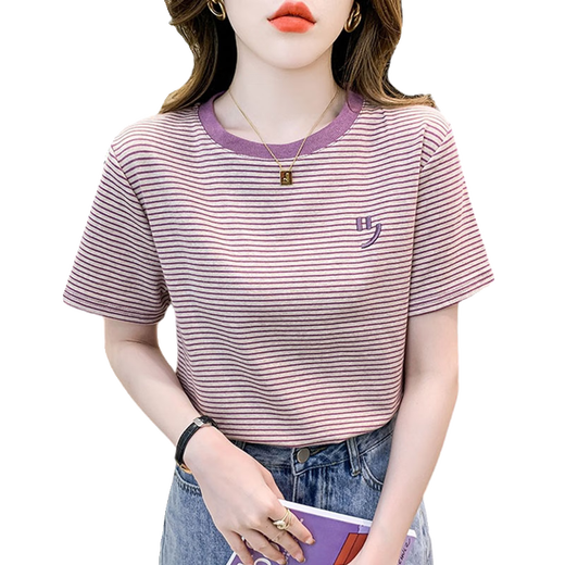 拉夏贝尔（La Chapelle）条纹短袖t恤女宽松韩版女装2025年夏季新款百搭体恤圆领半袖上衣 红色 9928 L 建议105-120斤