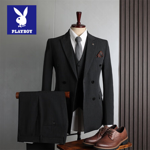 Playboy suit men's British style double-breasted business casual suit three-piece suit groom wedding dress small suit men black three-piece suit (suit + vest + pants) 62/6XL size free brooch + pocket square