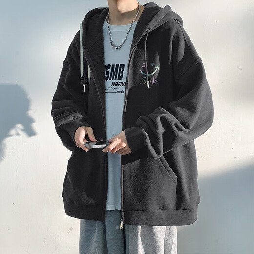 Changden American Cardigan Jacket Men's Autumn and Winter Velvet Jacket Trendy Loose Casual Hooded Sweatshirt Men's Zipper Jacket Black Thick Section 2XL