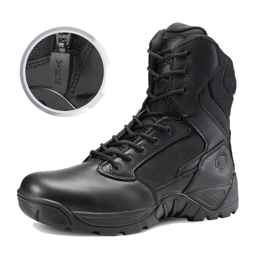 
Junluoke autumn and winter sting zipper combat boots men and women tactical boots flying land combat high-top black cowhide training boots D14099 black 42