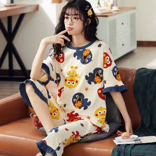 浪莎（LangSha）睡衣女夏季短袖七分裤加大宽松春夏天可外穿卡通可爱家居服套装 短袖七分裤5503_-684深紫 XL _建议115-125斤穿