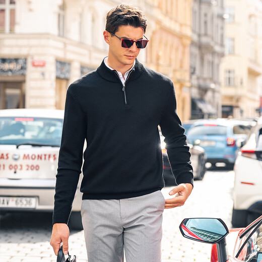 Mr. Bu's stand-up collar half-zipper thickened sweater for men 2025 spring and autumn thick woolen sweater BT15507 piano black L (175)