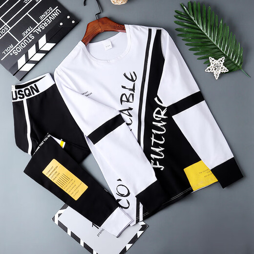 Wolf Country Men's Autumn Clothes and Autumn Pants Men's Suits for Autumn and Winter Youth Coldproof Linens and Linen Pants Bottoming Shirts Trendy Tight Warm Clothes Suit Black XL Suitable for 120-140Jin Jin equals 0.5 kg