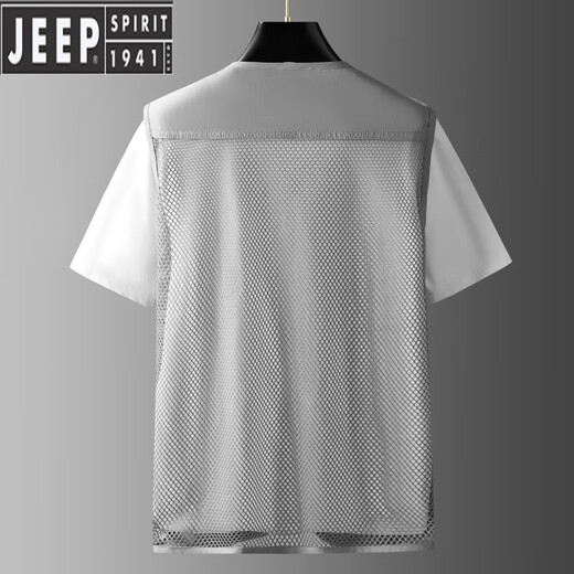 JEEP SPIRIT夏季薄款网眼马甲登山速干休闲多口袋中年男摄影钓鱼v领大码坎肩 灰色 小号【90-125】