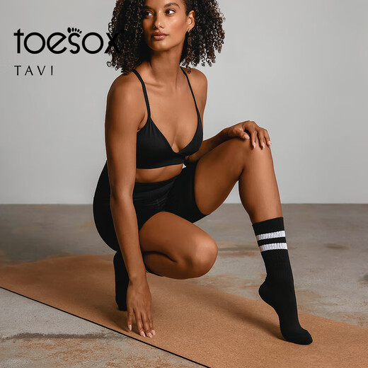 Toesox mid-cut yoga socks, sports socks, non-slip particle indoor Pilates socks for women, Aria series, Tavi co-branded model, black flowers S (size 34~38)