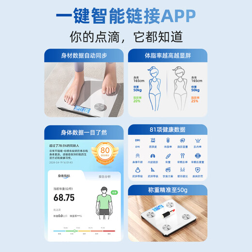 苏泊尔（SUPOR）智能体脂秤家用落地电子体重秤 精准测量可充电人体婴儿秤称重健身减肥专用 雪域白 USB充电款【81项数据检测】充电长续航