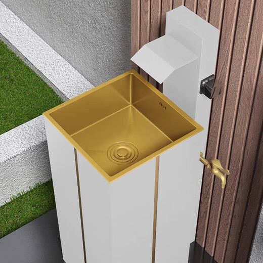 Stainless steel pedestal washbasin outdoor washbasin courtyard floor-standing pedestal basin home balcony outdoor pool Golden waterfall faucet pedestal basin (black gold)