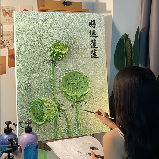 石英砂肌理画好运莲莲蓬国风diy数字油画手工填色材料荷花装饰画 qx12625肌理画【送全套绘画工具 30*40cm加厚实木内框 高亮颜料+