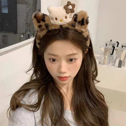 Shufen Pressed Hair Headband High-end Light Luxury Plush Hairband Women's Face Wash New Fashion Leopard Print Cute Kt Cat Western Style Hairpin F3098 Leopard Print Cat Hairband